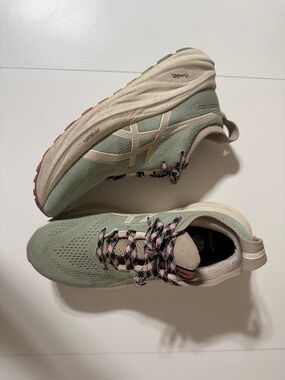 Asics Women's Sage Green and Beige Athletic Sneakers with Pink-Patterned Laces